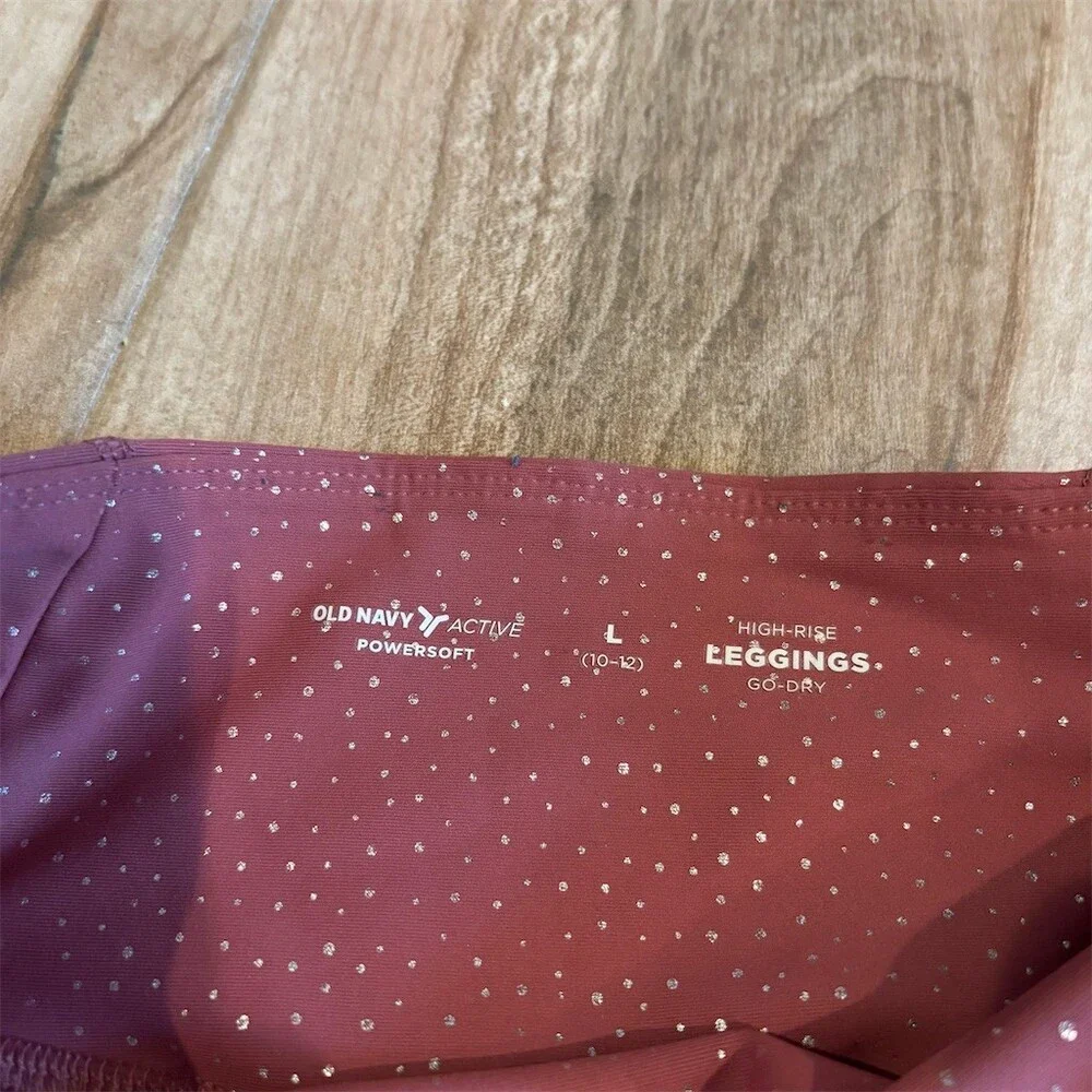 Old Navy Active PowerSoft Leggings Womens Size L Burgundy Metallic Dot